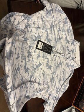 7 Diamonds White and Blue Pixel Print Polo Shirt